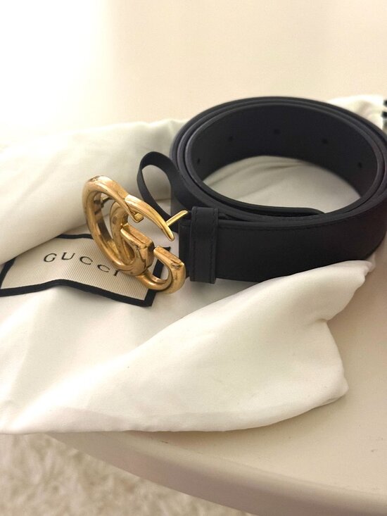 Gucci GG Marmont Double G Black Leather Belt Antique Gold Buckle Unisex